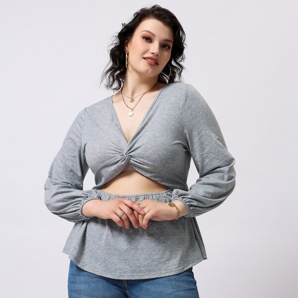 

Plus Cut Out Twist Front Tee, Grey