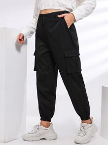 大碼側翻蓋口袋束腳褲 - 黑色 - 查看 4