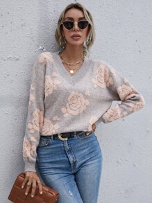 SHEIN LUNE Floral Pattern Batwing Sleeve Jumper - Grey - View 1