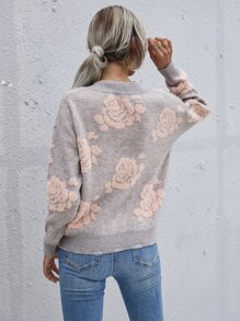 SHEIN LUNE Floral Pattern Batwing Sleeve Jumper - Grey - View 2