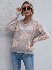 SHEIN LUNE Floral Pattern Batwing Sleeve Jumper - Grey - View 3