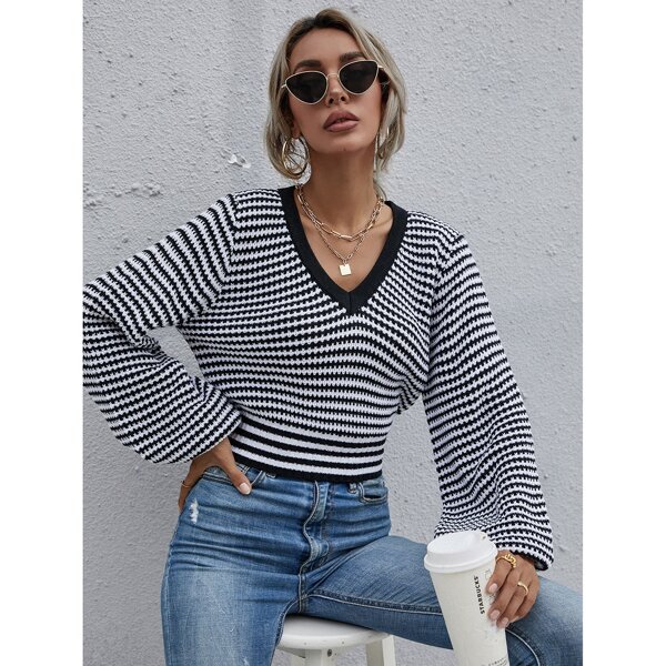 

Striped Bishop Sleeve Sweater, Black and white