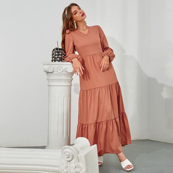 

Lantern Sleeve Ruffle Hem Dress, Coral orange