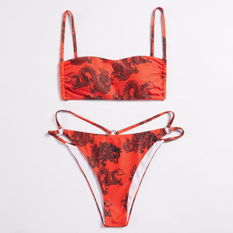 

Chinese Dragon Print Ring Linked Bikini Swimsuit, Red