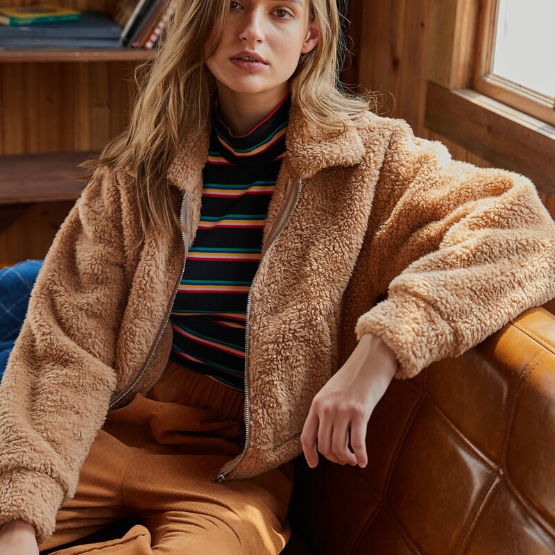 

Zip Up Hooded Teddy Jacket, Brown