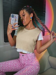 SHEIN Essnce 素色針織短上衣 - 卡其色 - 查看 5