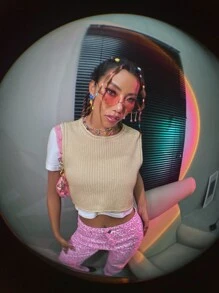 SHEIN Essnce 素色針織短上衣 - 卡其色 - 查看 6