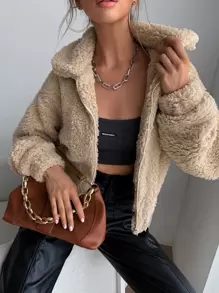 Chiquease Zip Up Drop Shoulder Fleece Jacket - Khaki - View 1