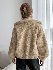 Chiquease Zip Up Drop Shoulder Fleece Jacket - Khaki - View 2