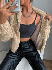 Chiquease Zip Up Drop Shoulder Fleece Jacket - Khaki - View 4