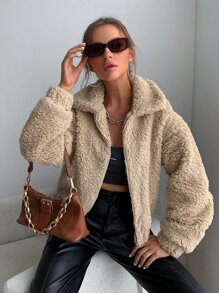 Chiquease Zip Up Drop Shoulder Fleece Jacket - Khaki - View 5