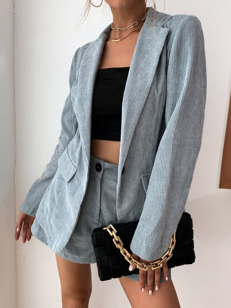 Solid Corduroy Blazer & Shorts - Baby Blue - View 1