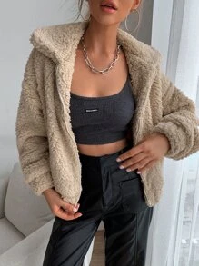 Chiquease Zip Up Drop Shoulder Fleece Jacket - Khaki - View 6