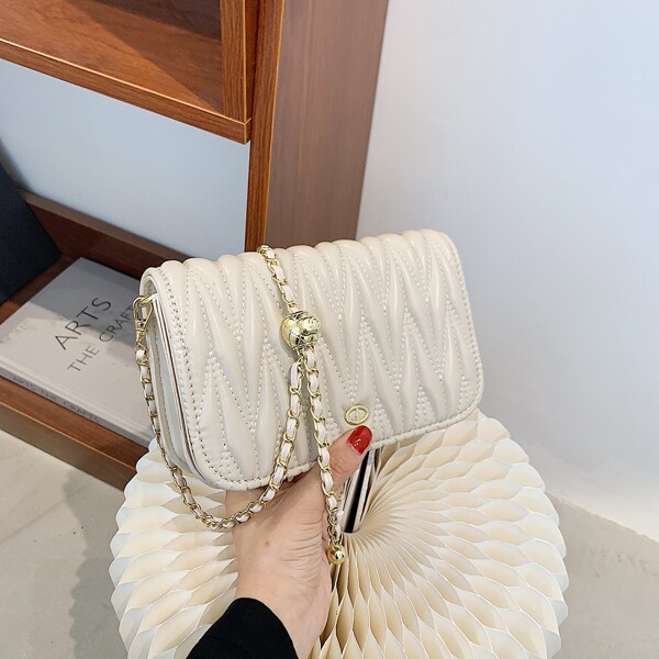 

Minimalist Quilted Flap Square Bag, Beige