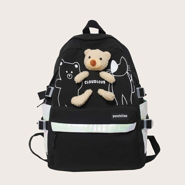 

Cartoon Graphic Buckle Decor Functional Backpack, Black