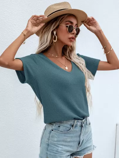 WaffleKnitVNeckSolidTee - Shein Best Sellers