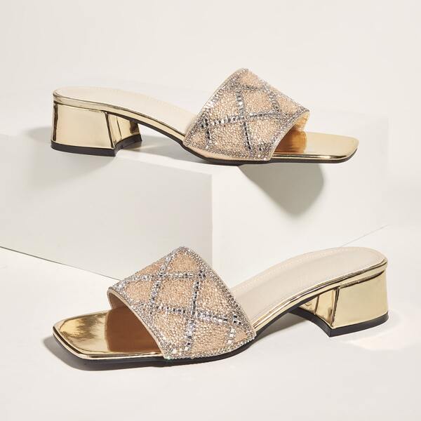 

Metallic Rhinestone Decor Chunky Heeled Mules, Champagne