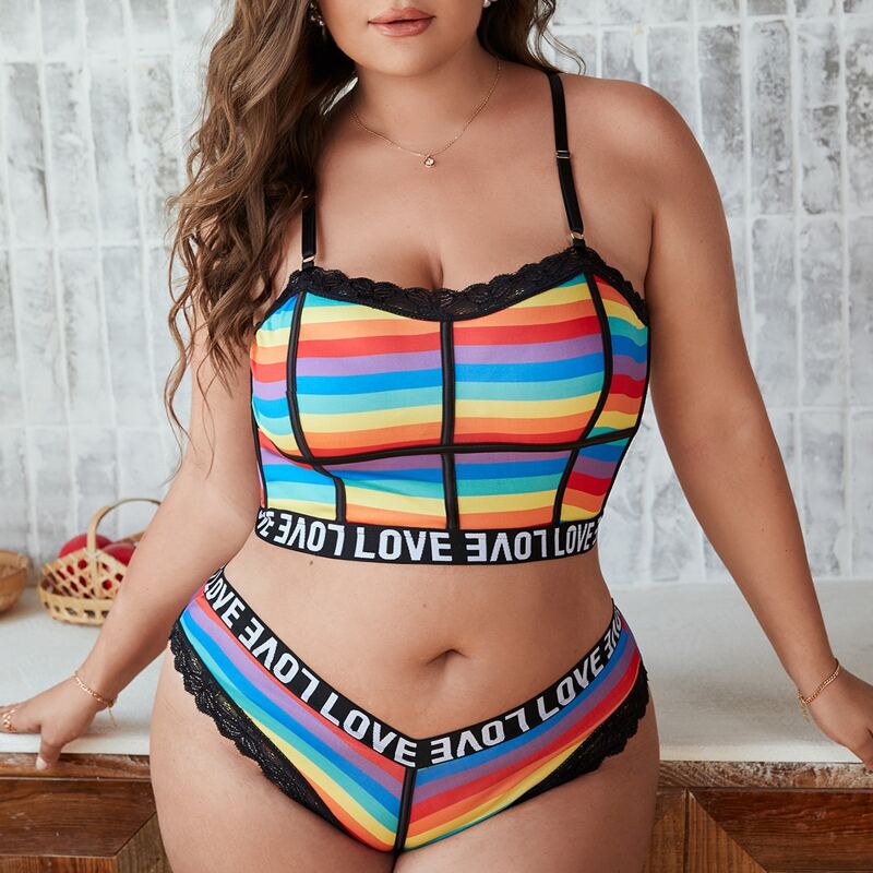 

Plus LGBT Rainbow Stripe Lingerie Set, Multicolor