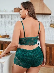 Plus Floral Lace Lingerie Set - Dark Green - View 2