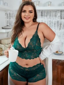 Plus Floral Lace Lingerie Set - Dark Green - View 4