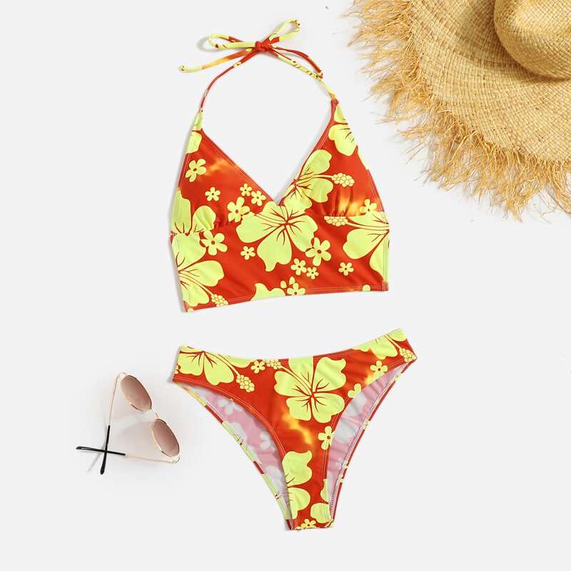 

Floral Print Halter Bikini Swimsuit, Multicolor