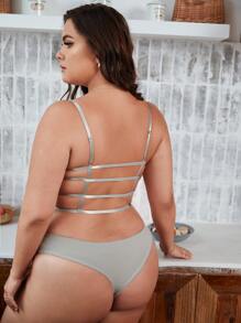 Plus Ribbed Cut-out Back Lingerie Set - Grey - View 2