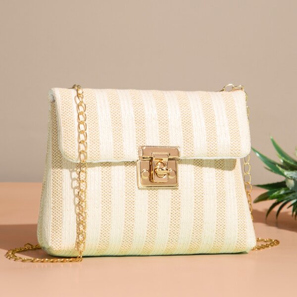 

Two Tone Striped Pattern Flap Straw Bag, White