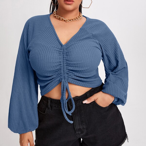 

Plus Drawstring Front Raglan Sleeve Tee, Dusty blue