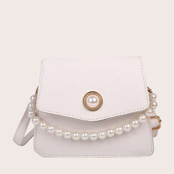 

Faux Pearls Decor Satchel Bag, Beige