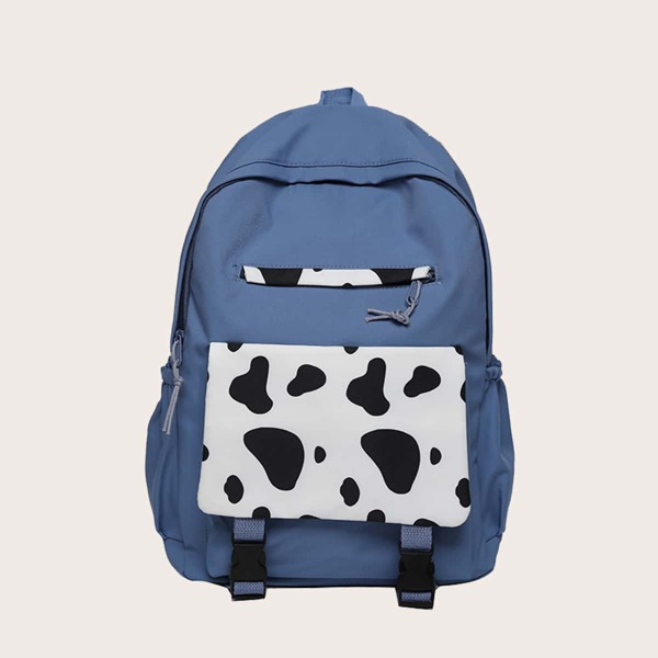 

Cow Print Buckle Decor Functional Backpack, Blue
