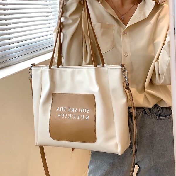 

Minimalist Letter Graphic Shoulder Tote Bag, Khaki