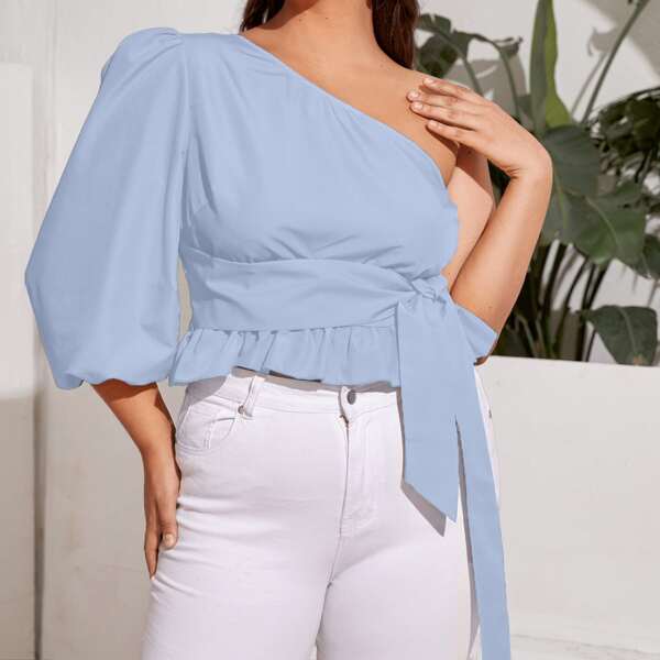 

Plus One Shoulder Bishop Sleeve Belted Blouse, Dusty blue
