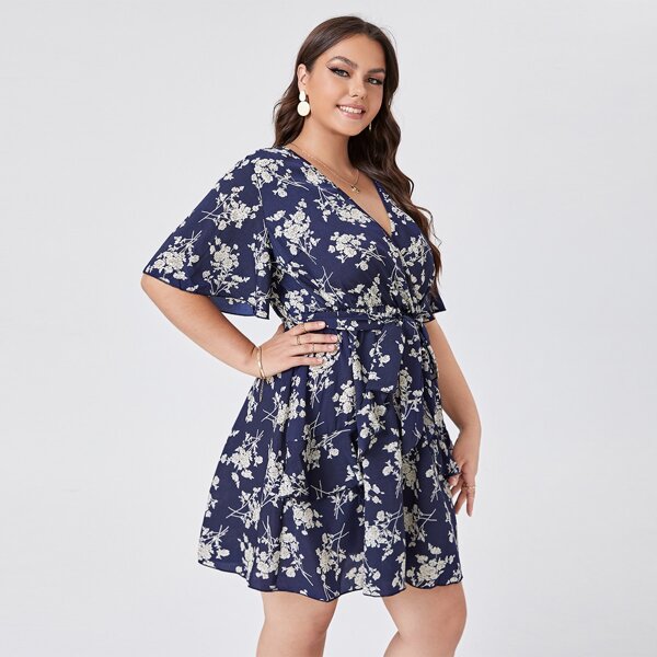 

Plus Allover Floral Print Belted Dress, Multicolor