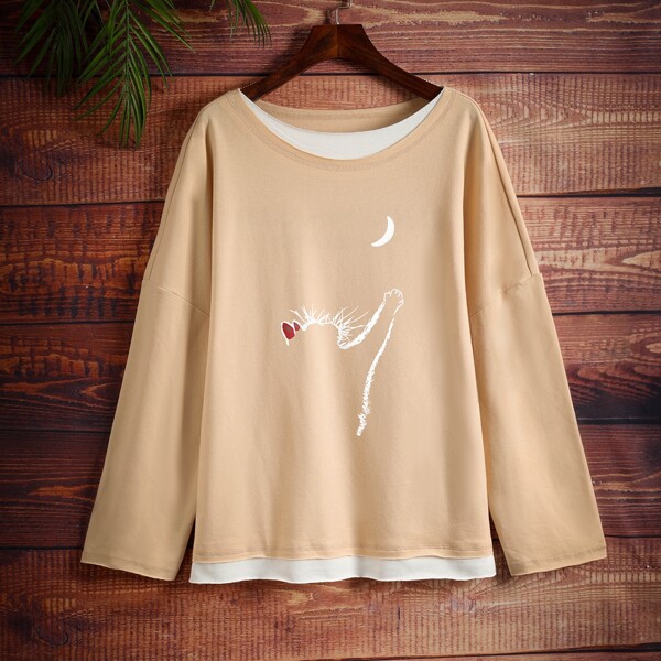 

Plus 2 In 1 Cartoon Graphic Drop Shoulder Sweatshirt, Apricot