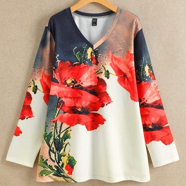 

Plus Flower Print V-Neck Tee, Multicolor