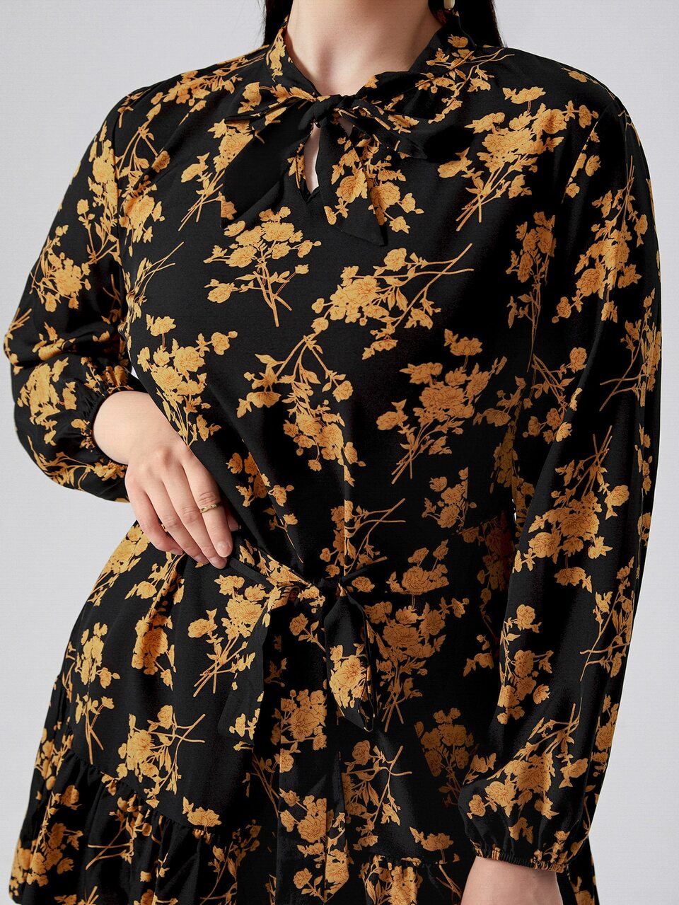 Plus Allover Floral Print Tie Neck Belted Dress