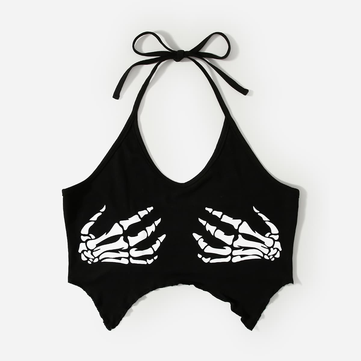 

Skeleton Hand Print Asymmetrical Hem Halter Top, Black