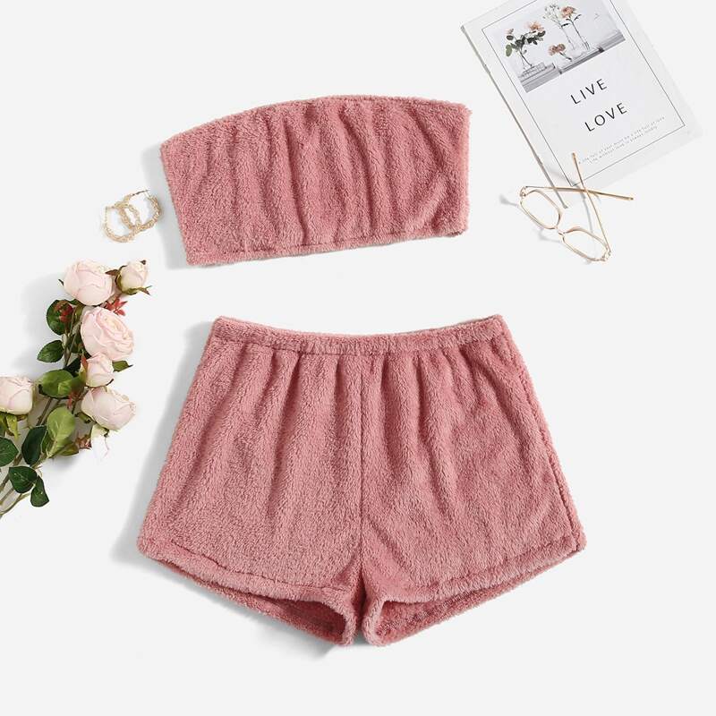 

Plus Flannel Tube Top & Shorts Pajama Sets, Dusty pink