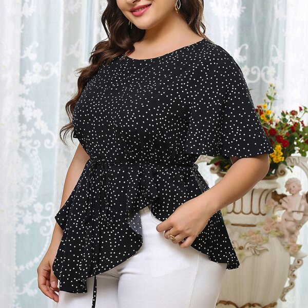 

Plus Polka Dot Asymmetrical Hem Blouse, Black