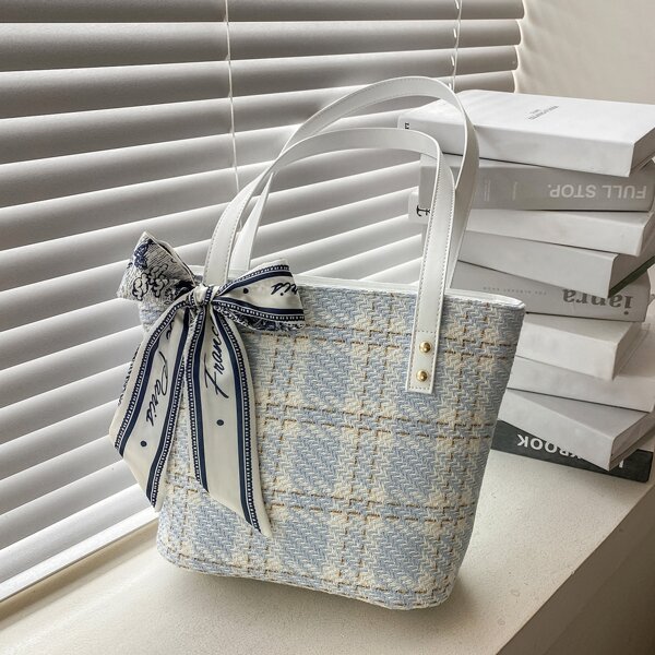 

Tweed Scarf Decor Shoulder Tote Bag, Blue and white