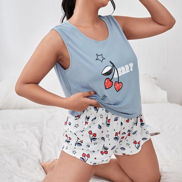 

Plus Cherry & Letter Graphic PJ Set, Blue and white