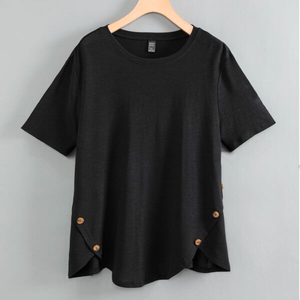 

Plus Button Detail Asymmetrical Hem Tee, Black