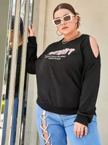 Sudadera con estampado de slogan de hombros descubiertos - Negro - Ver 1