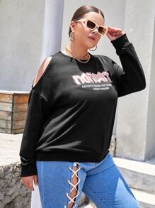 Sudadera con estampado de slogan de hombros descubiertos - Negro - Ver 3