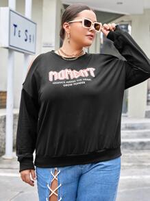 Sudadera con estampado de slogan de hombros descubiertos - Negro - Ver 4