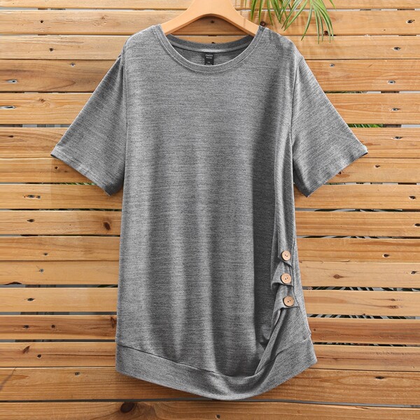 

Plus Button Detail Short Sleeve Tee, Grey