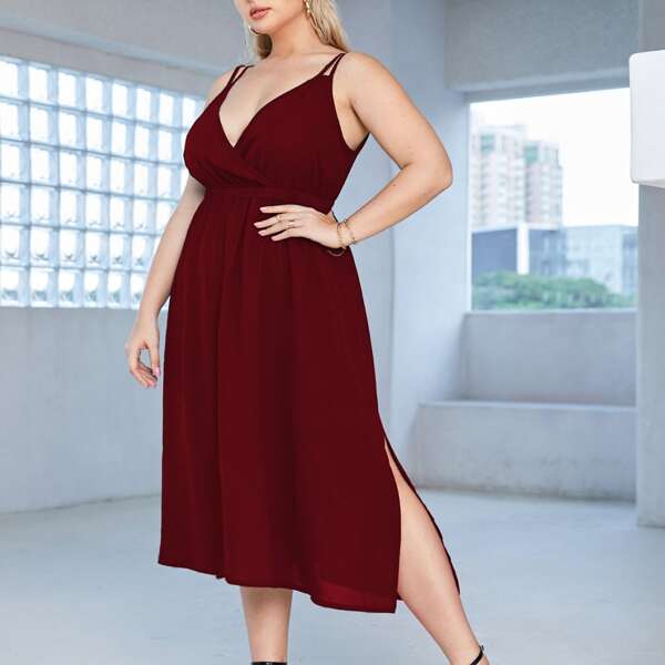 

Plus Elastic Waist Split Hem Cami Dress, Burgundy