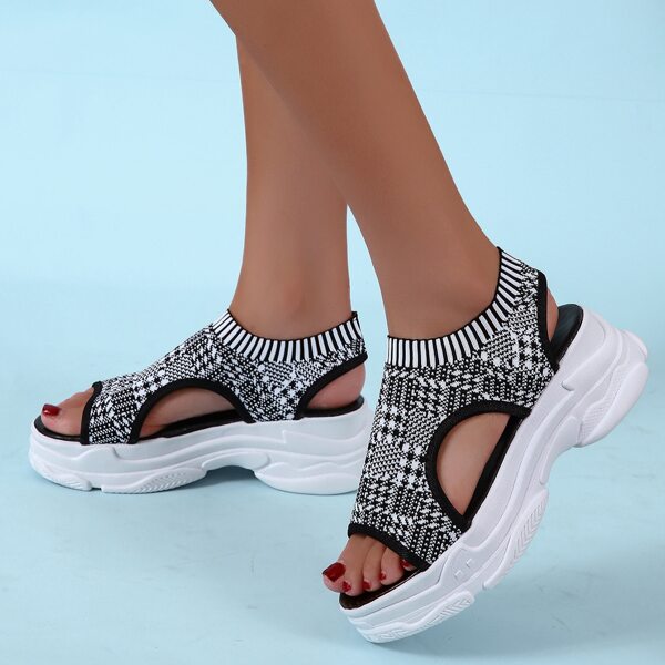 

Striped Pattern Cut Out Knit Sport Sandals, Black and white