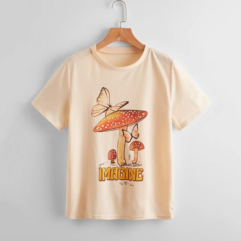 

Butterfly & Mushroom Print Tee, Apricot