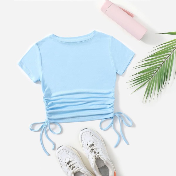 

Solid Drawstring Side Sports Tee, Baby blue